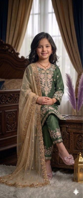 NEW COLOUR RRK  002 GMY SILK Green Kids fashion supplier in Gujarat